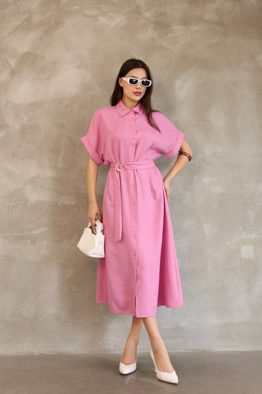 Kadın Pike Modal Kemerli Gömlek Elbise - Pembe
