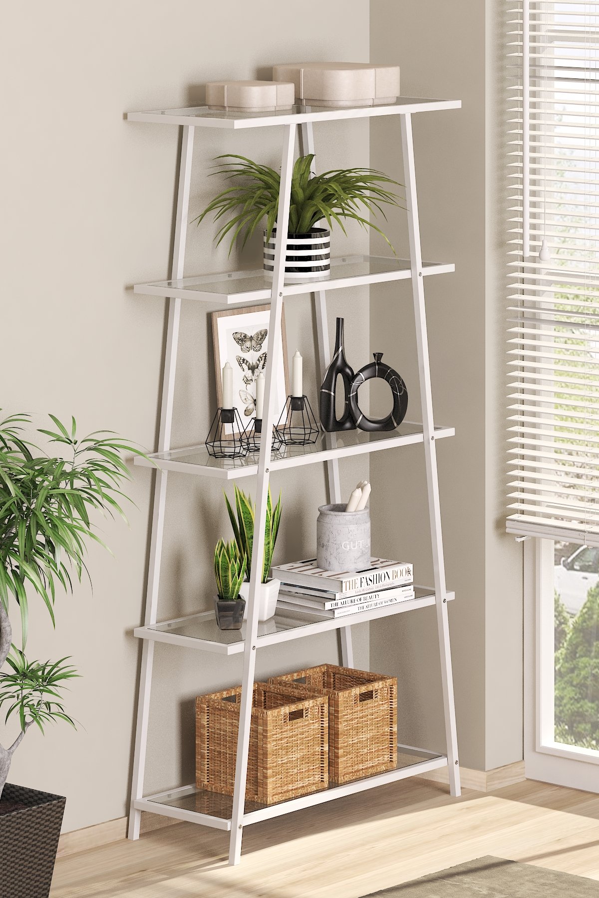 Modern 5 Katlı Metal İskeletli Cam Raflı Aksesuar Rafı Kitaplık