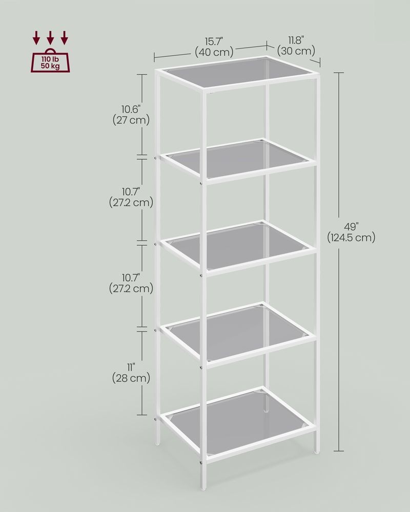 Modern 5 Katlı Metal İskeletli Cam Raflı Kitaplık Aksesuar Rafı