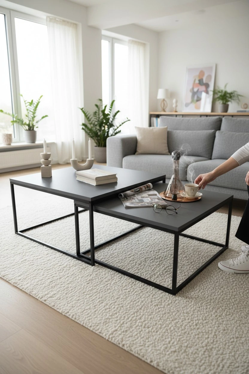 2’li Metal İskeletli Orta Sehpa Servis Sehpası - Antrasit-Siyah