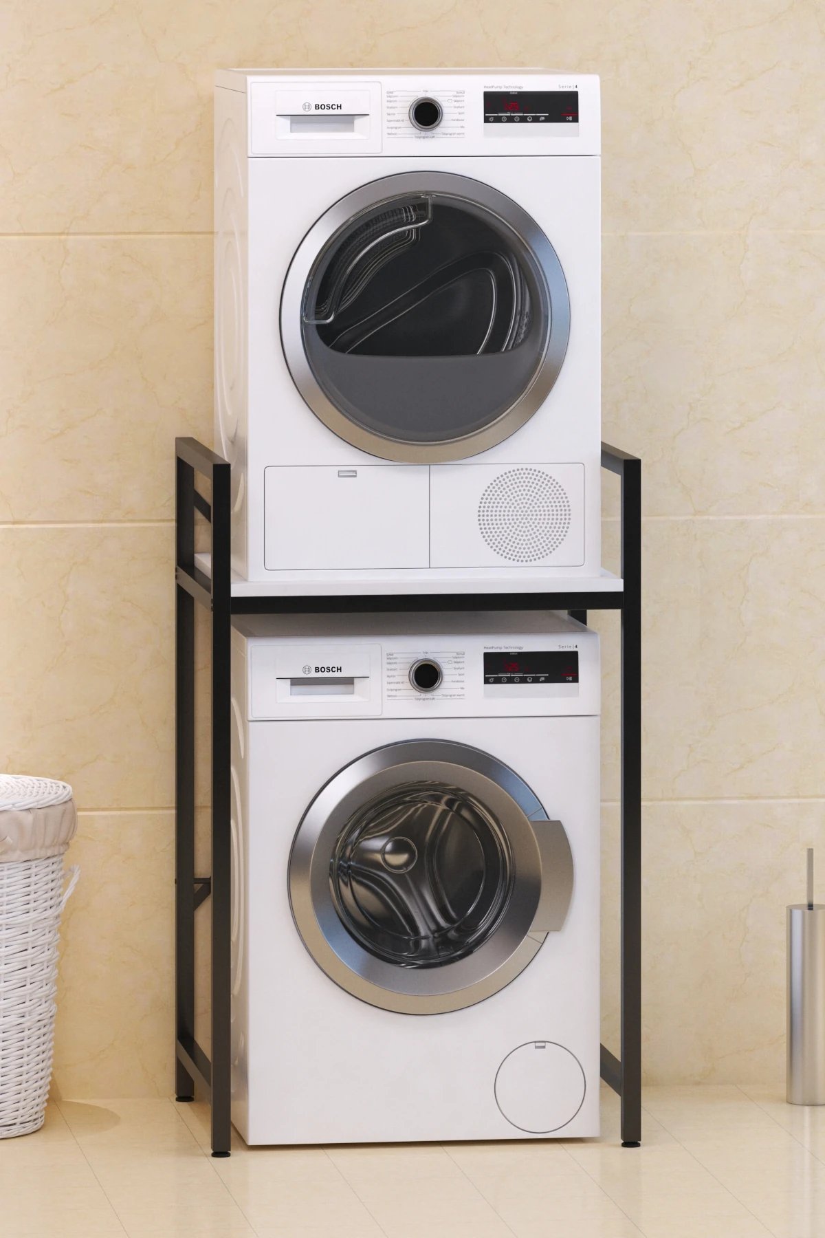 Çamaşır Makinası ve Kurutma Makinası Rafı Çamaşır Makinası Üstü Banyo Düzenleyici Raf - Beyaz-Siyah