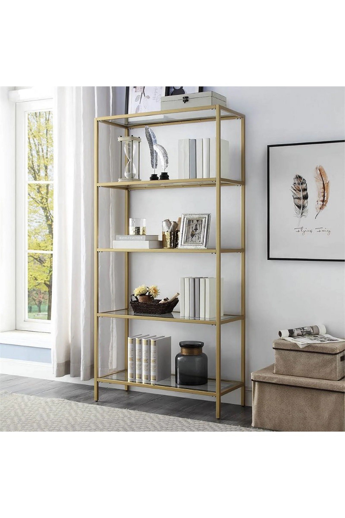 Modern 5 Katlı Metal İskeletli Cam Raflı Aksesuar Rafı Kitaplık