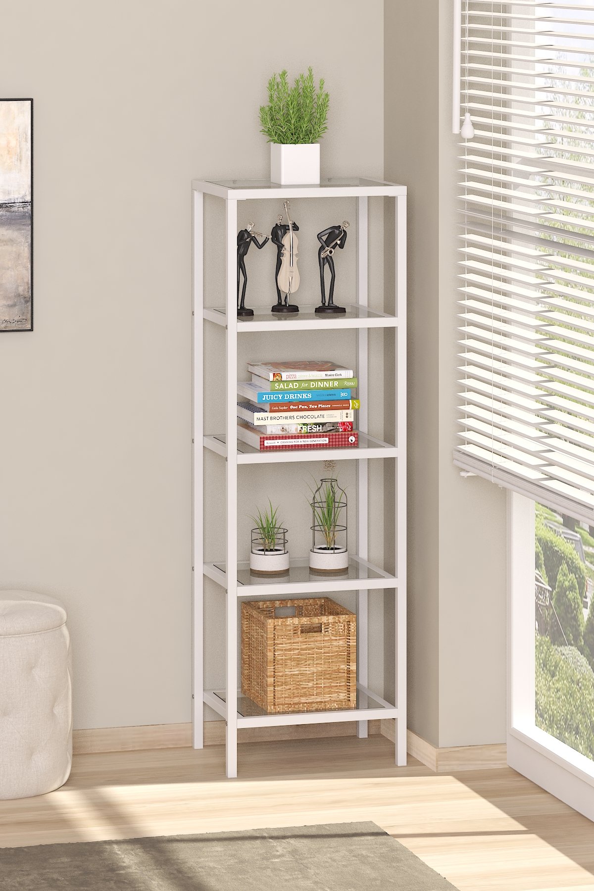 Modern 5 Katlı Metal İskeletli Cam Raflı Kitaplık Aksesuar Rafı