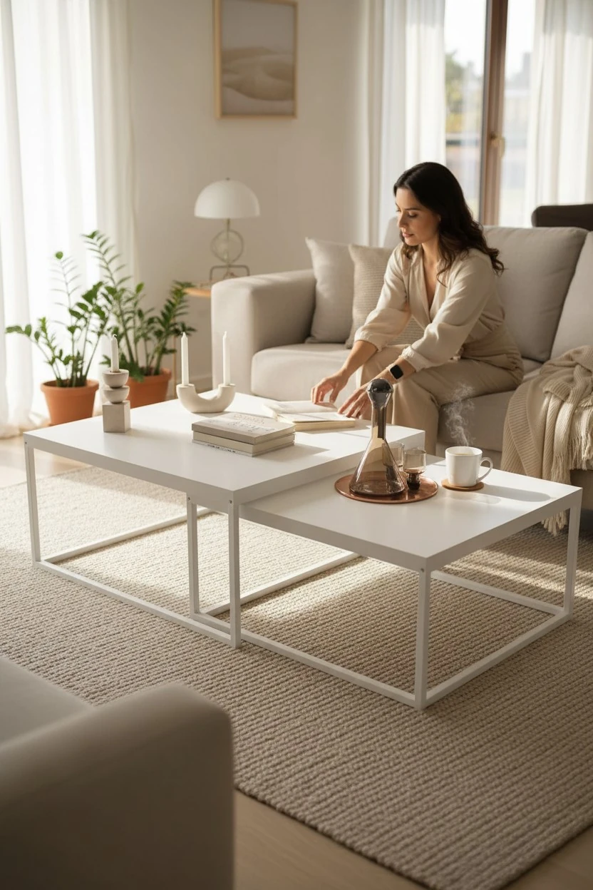 2’li Metal İskeletli Orta Sehpa Servis Sehpası - Beyaz-Beyaz