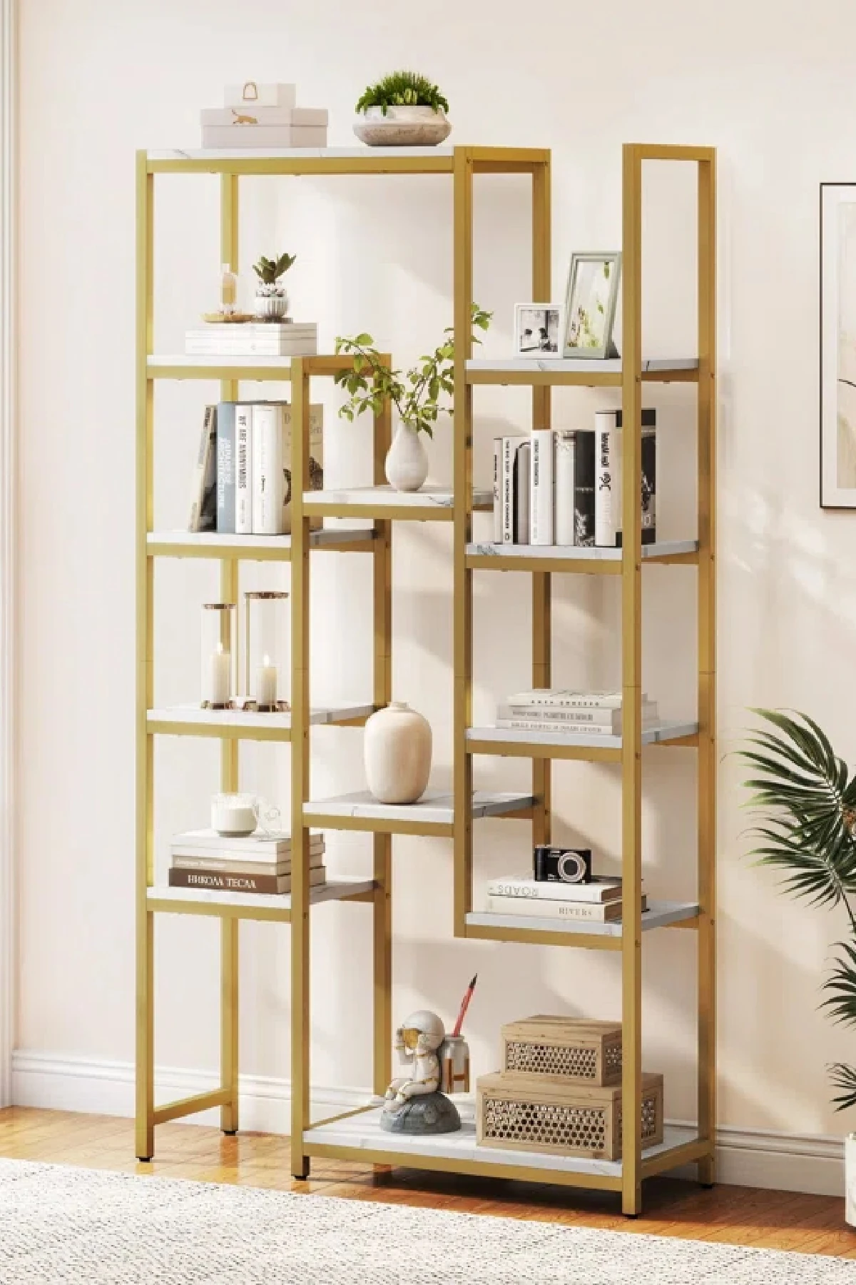 12 Raflı Metal İskeletli Kitaplık Çok Amaçlı Aksesuar Rafı Düzenleyici Raf - Beyaz Mermer-Gold