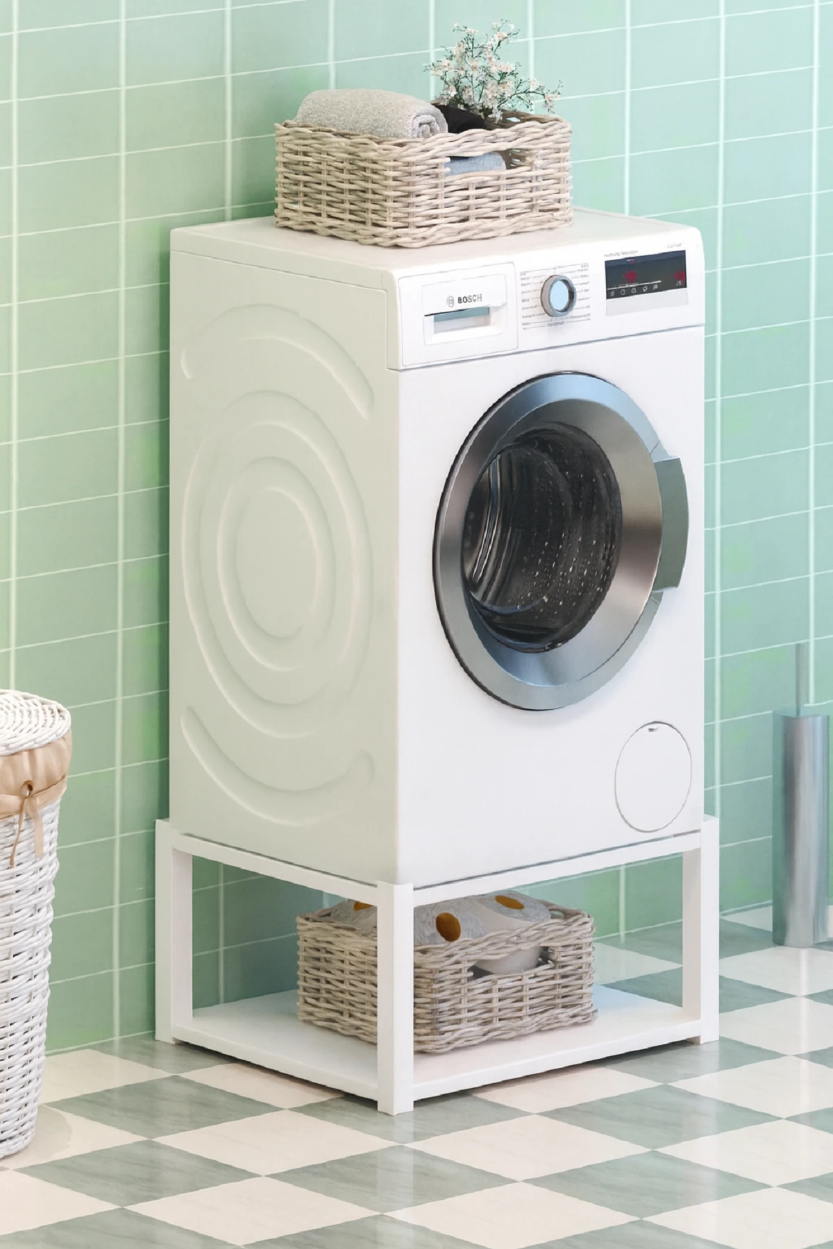 Metal Çamaşır ve Kurutma Makinası Yükseltici Çamaşır Makinası Altı Raf - Beyaz