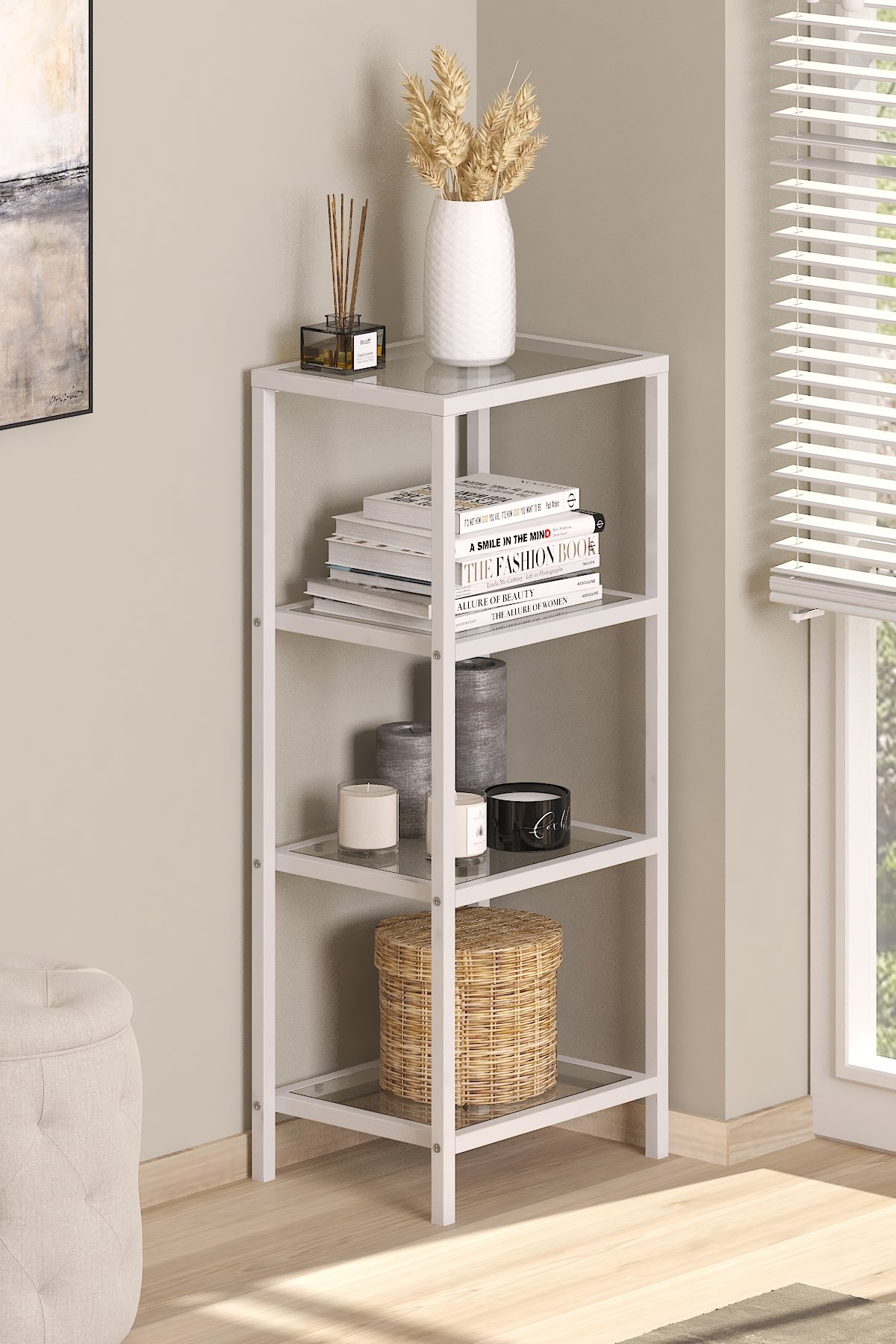Modern 4 Katlı Metal İskeletli Cam Raflı Kitaplık Aksesuar Rafı