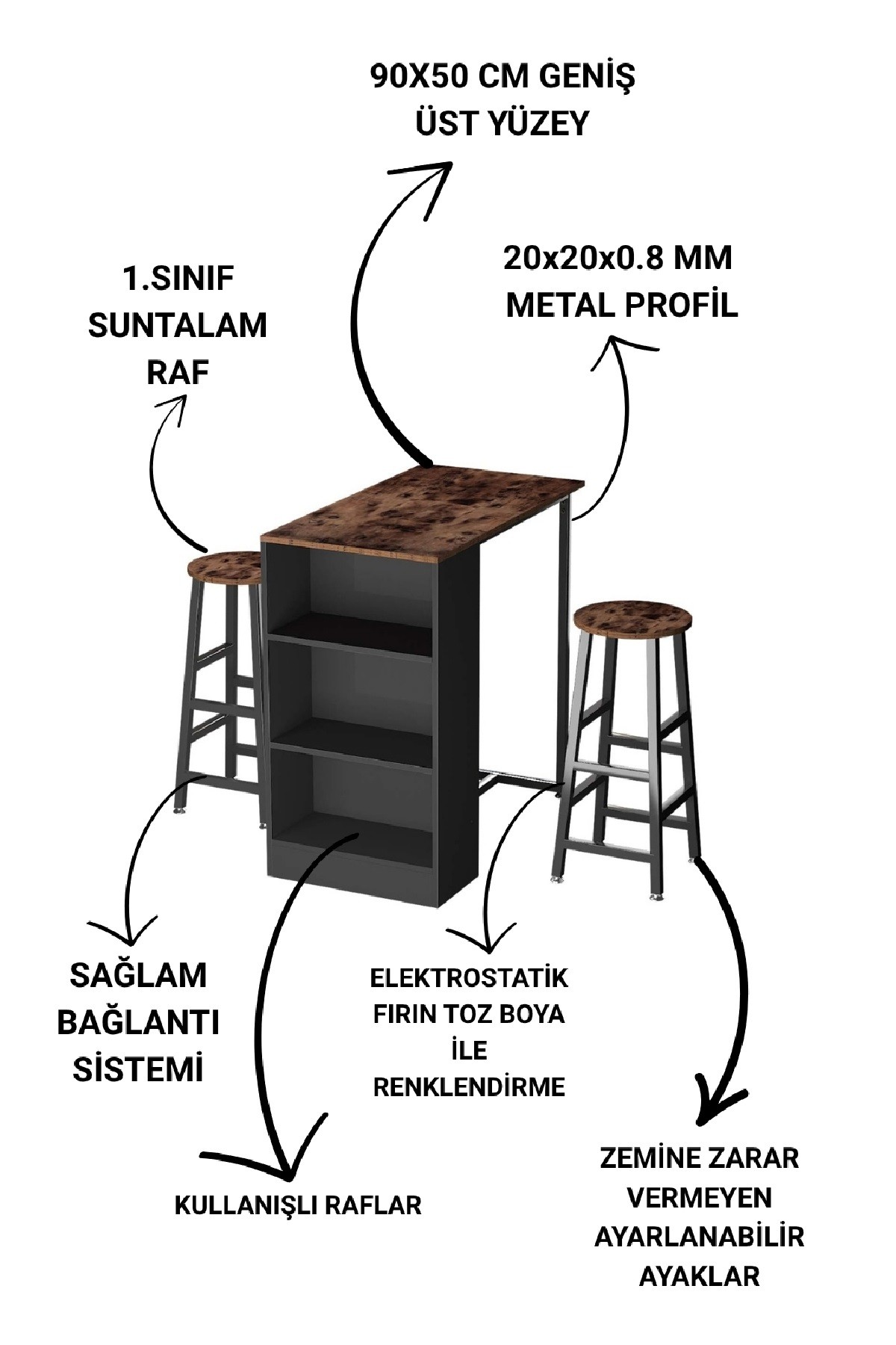 2 Tabureli Metal Ayaklı Mutfak Masası Takımı Raflı Bar Masası Seti