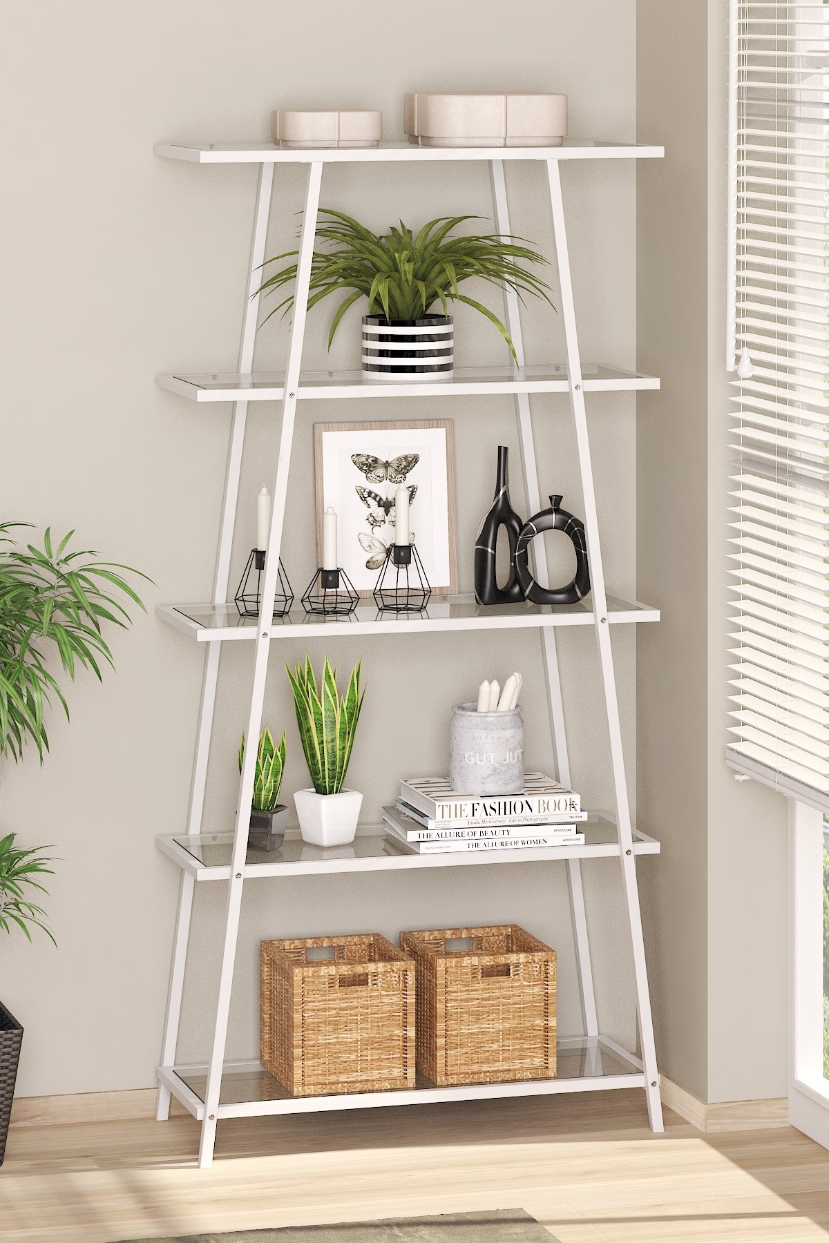 Modern 5 Katlı Metal İskeletli Cam Raflı Aksesuar Rafı Kitaplık