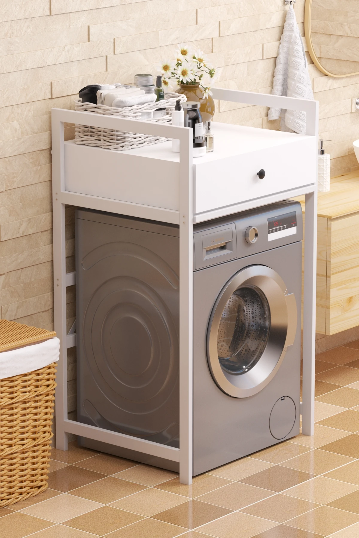 Çamaşır Sepeti Çekmeceli Çamaşır Makinası ve Kurutma Makinası Rafı Çamaşır Makinası Üstü Banyo Düzenleyici Raf