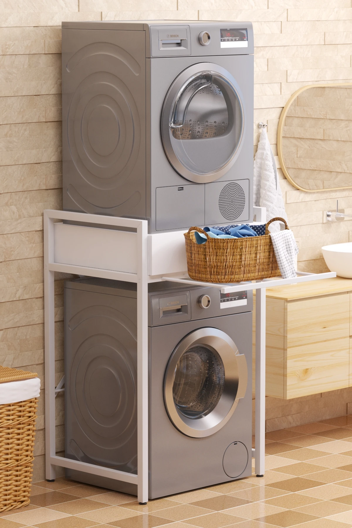 Çamaşır Sepeti Çekmeceli Çamaşır Makinası ve Kurutma Makinası Rafı Çamaşır Makinası Üstü Banyo Düzenleyici Raf