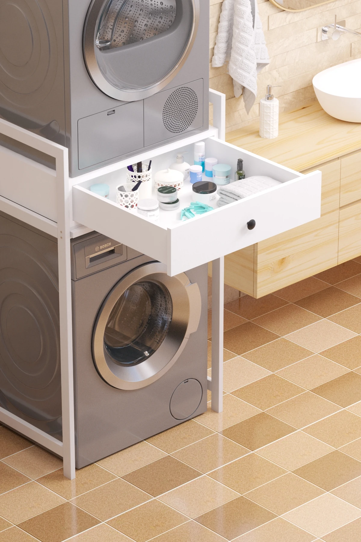 Çamaşır Sepeti Çekmeceli Çamaşır Makinası ve Kurutma Makinası Rafı Çamaşır Makinası Üstü Banyo Düzenleyici Raf