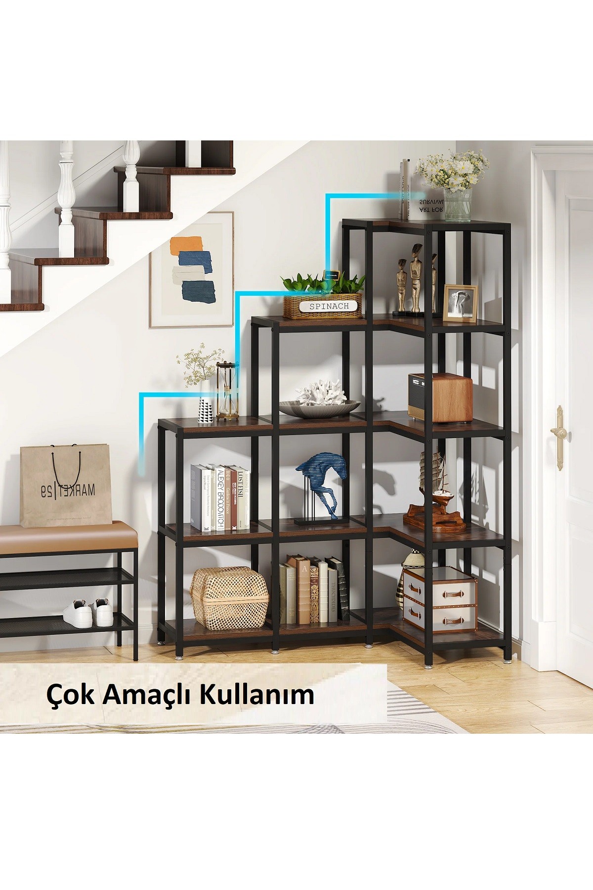 5 Katlı Metal İskeletli Köşe Raf Çok Amaçlı Aksesuar Rafı Merdiven Tasarımlı Düzenleyici Çiçeklik