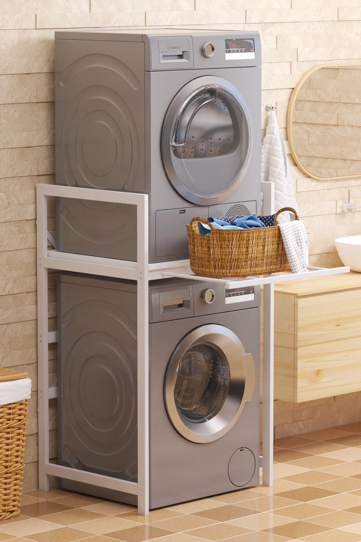 Çamaşır Sepeti Çekmeceli Çamaşır Makinası ve Kurutma Makinası Rafı Çamaşır Makinası Üstü Banyo Düzenleyici Raf