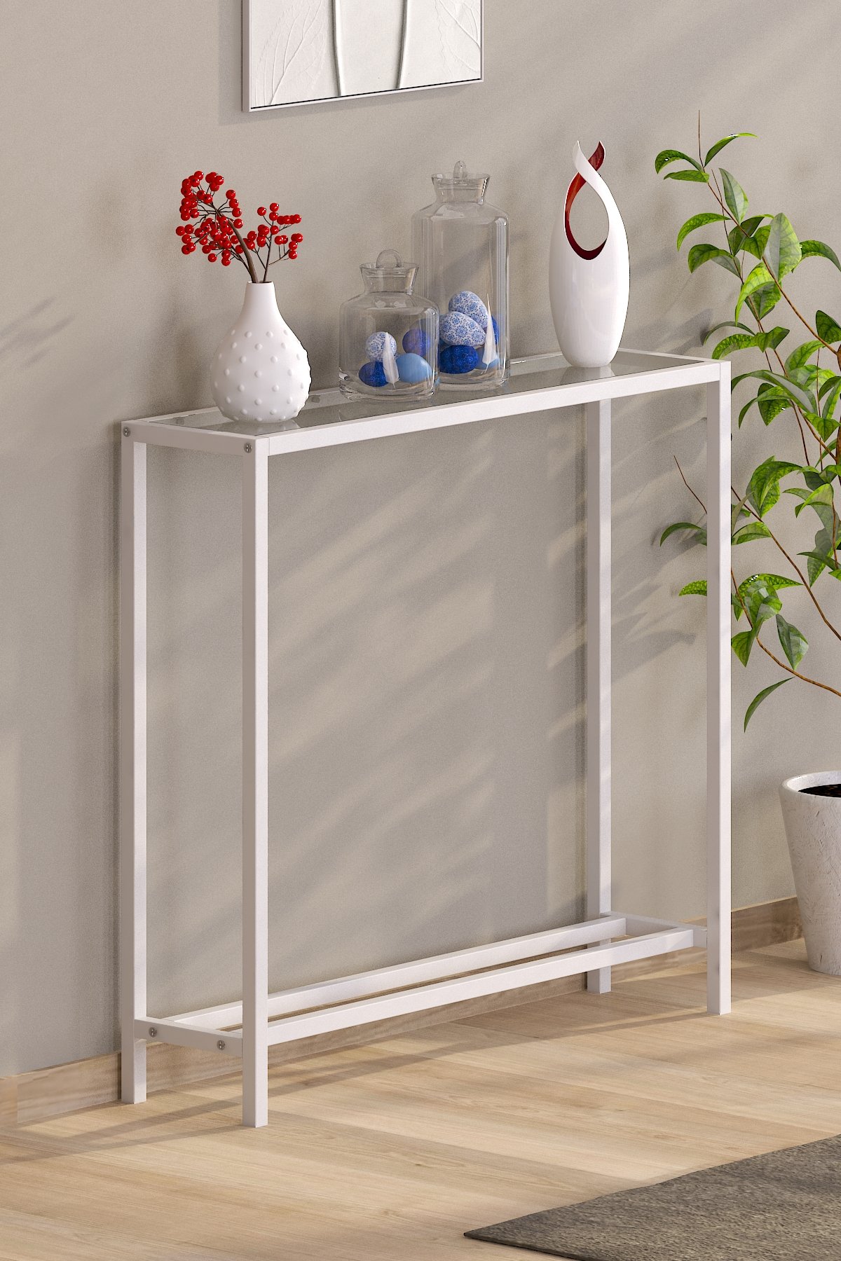 Modern Metal İskeletli Temper Camlı Raflı Dresuar Konsol
