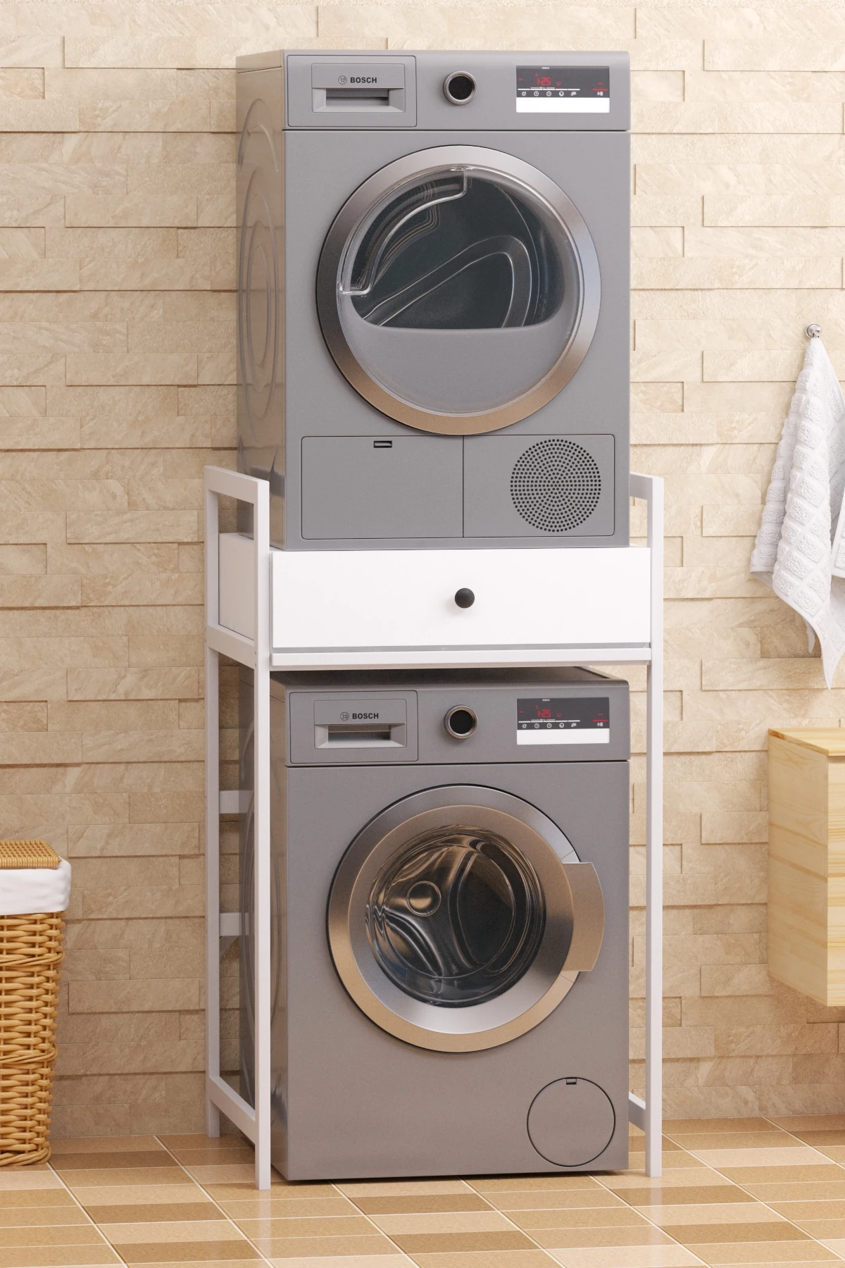 Çamaşır Sepeti Çekmeceli Çamaşır Makinası ve Kurutma Makinası Rafı Çamaşır Makinası Üstü Banyo Düzenleyici Raf