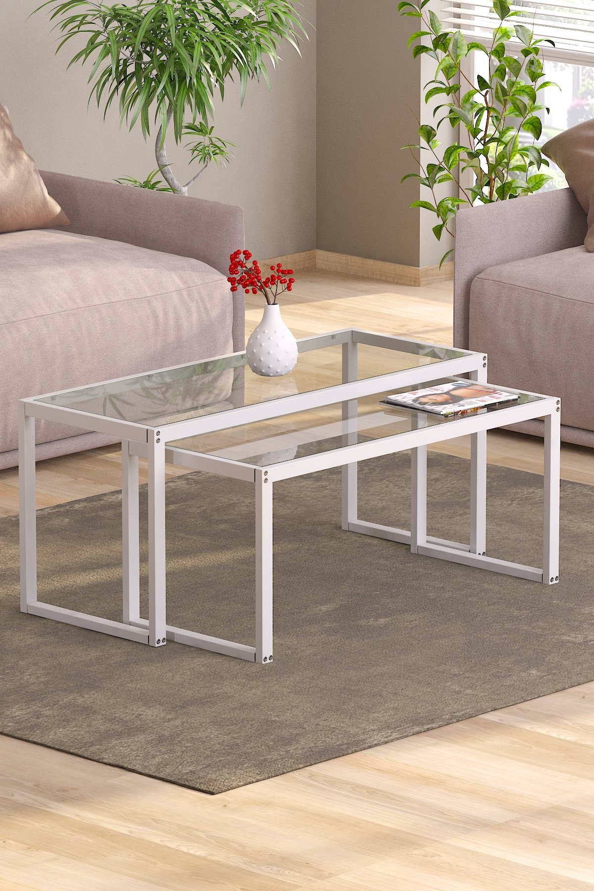 Modern 2’li Metal İskeletli Temper Camlı Zigon Orta Sehpa