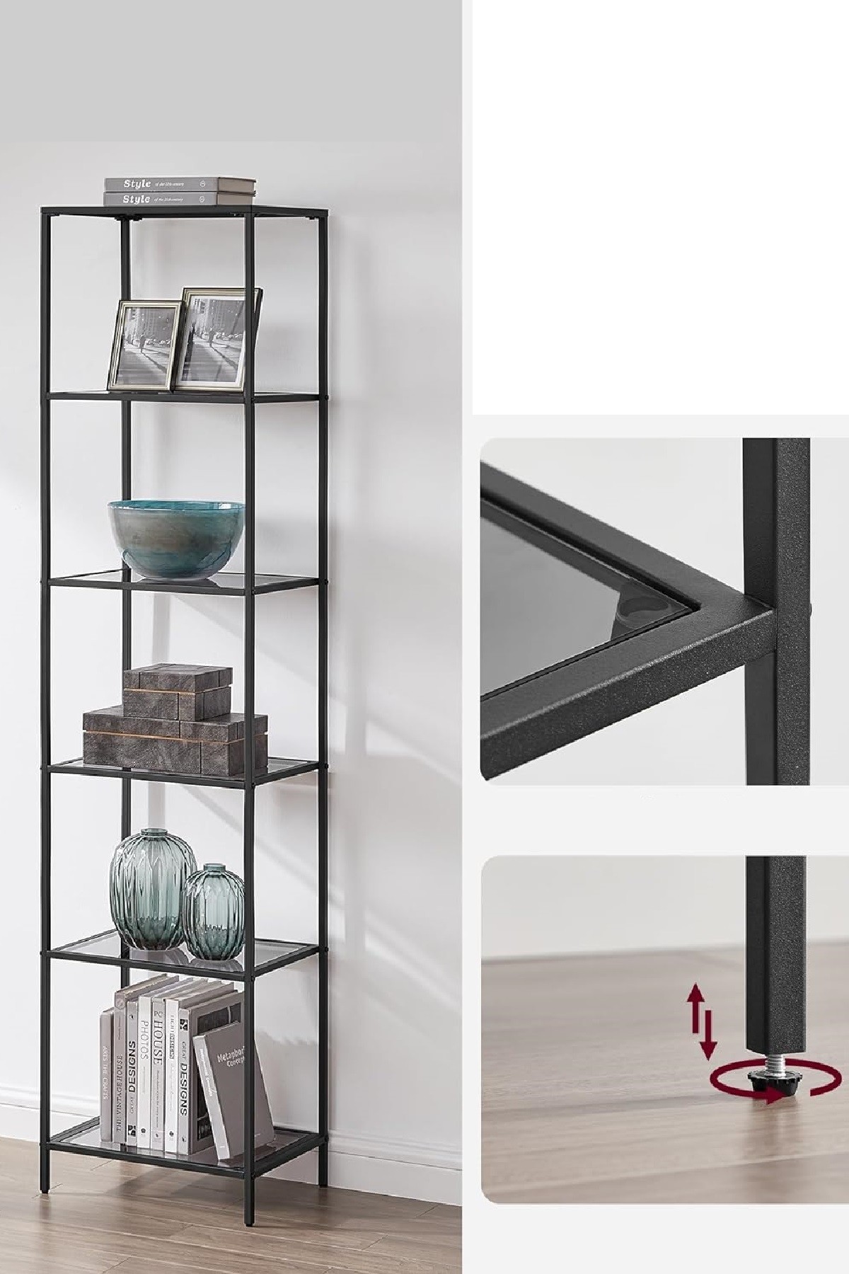 Modern 6 Katlı Metal İskeletli Cam Raflı Kitaplık Aksesuar Rafı