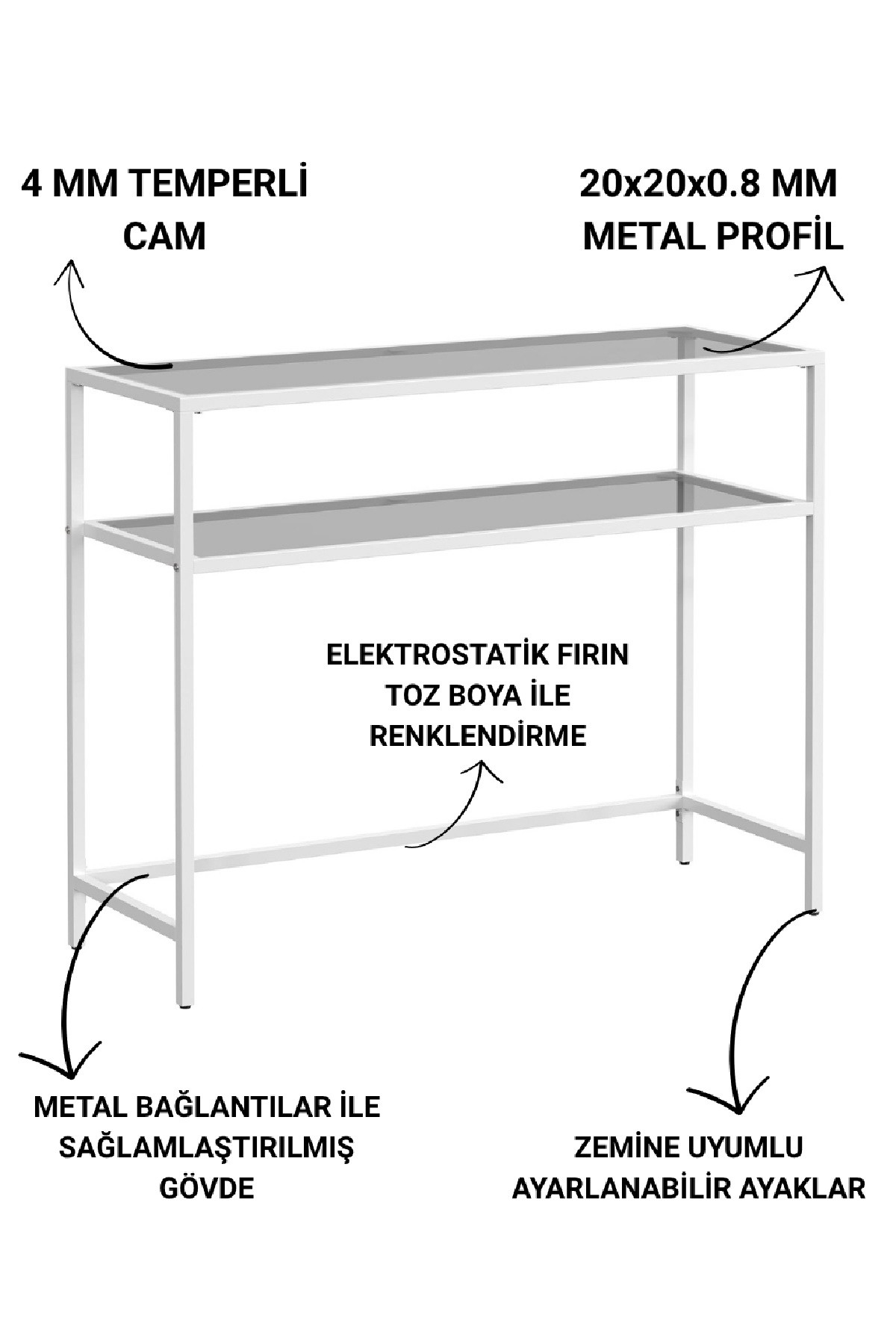 Modern 2 Katlı Metal İskeletli Cam Raflı Dresuar Konsol