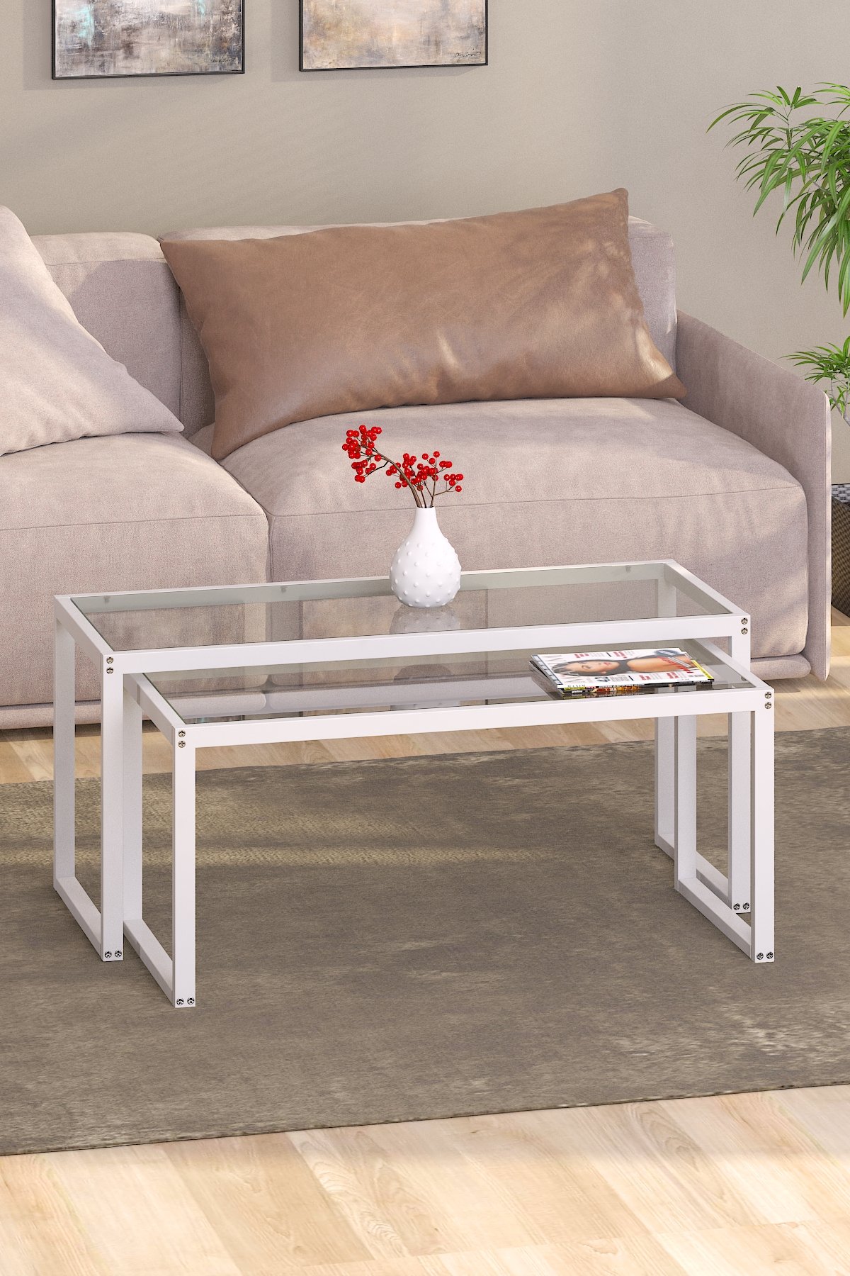 Modern 2’li Metal İskeletli Temper Camlı Zigon Orta Sehpa