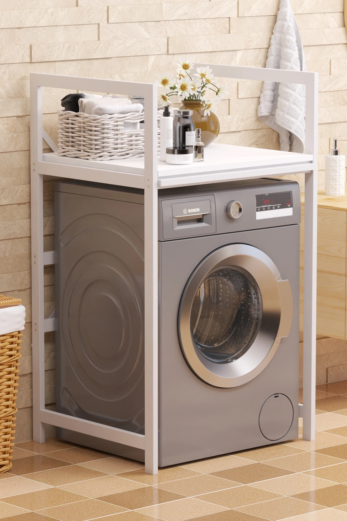 Çamaşır Sepeti Çekmeceli Çamaşır Makinası ve Kurutma Makinası Rafı Çamaşır Makinası Üstü Banyo Düzenleyici Raf