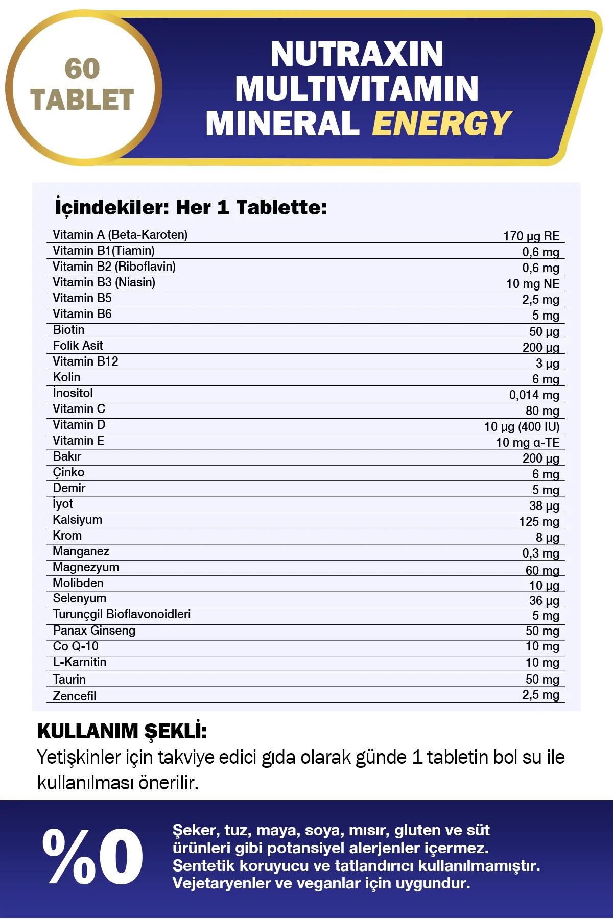 Nutraxin Multivitamin Mineral İçeren Takviye Edici Gıda 60 Tablet