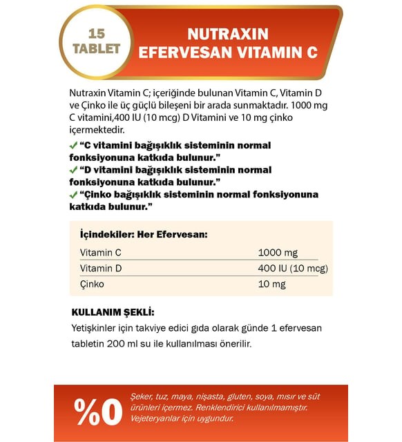 Nutraxin Efervesan - Vitamin C-D-ZINC 15 Efervesan Tablet - 1 ALANA 1 BEDAVA