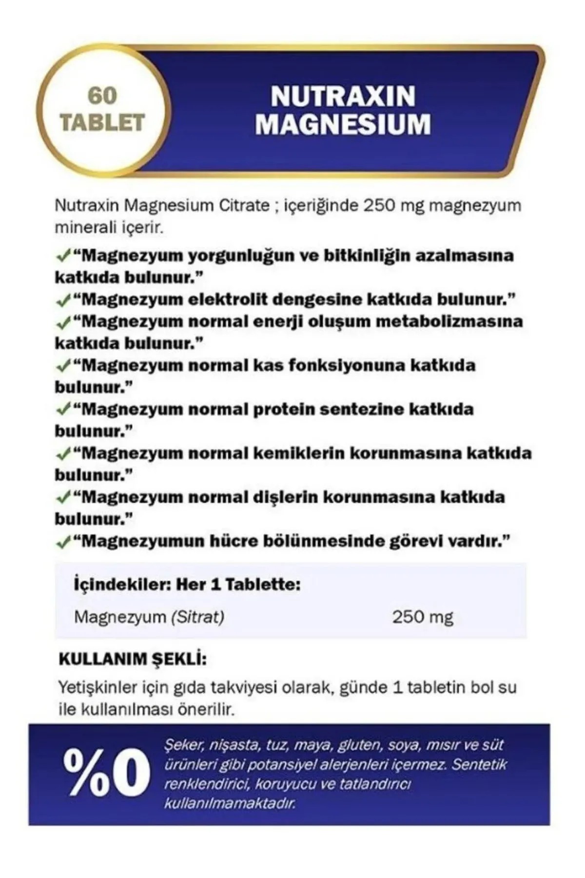 Nutraxin Magnesium Citrate 250 mg Takviye Edici Gıda 60 Tablet
