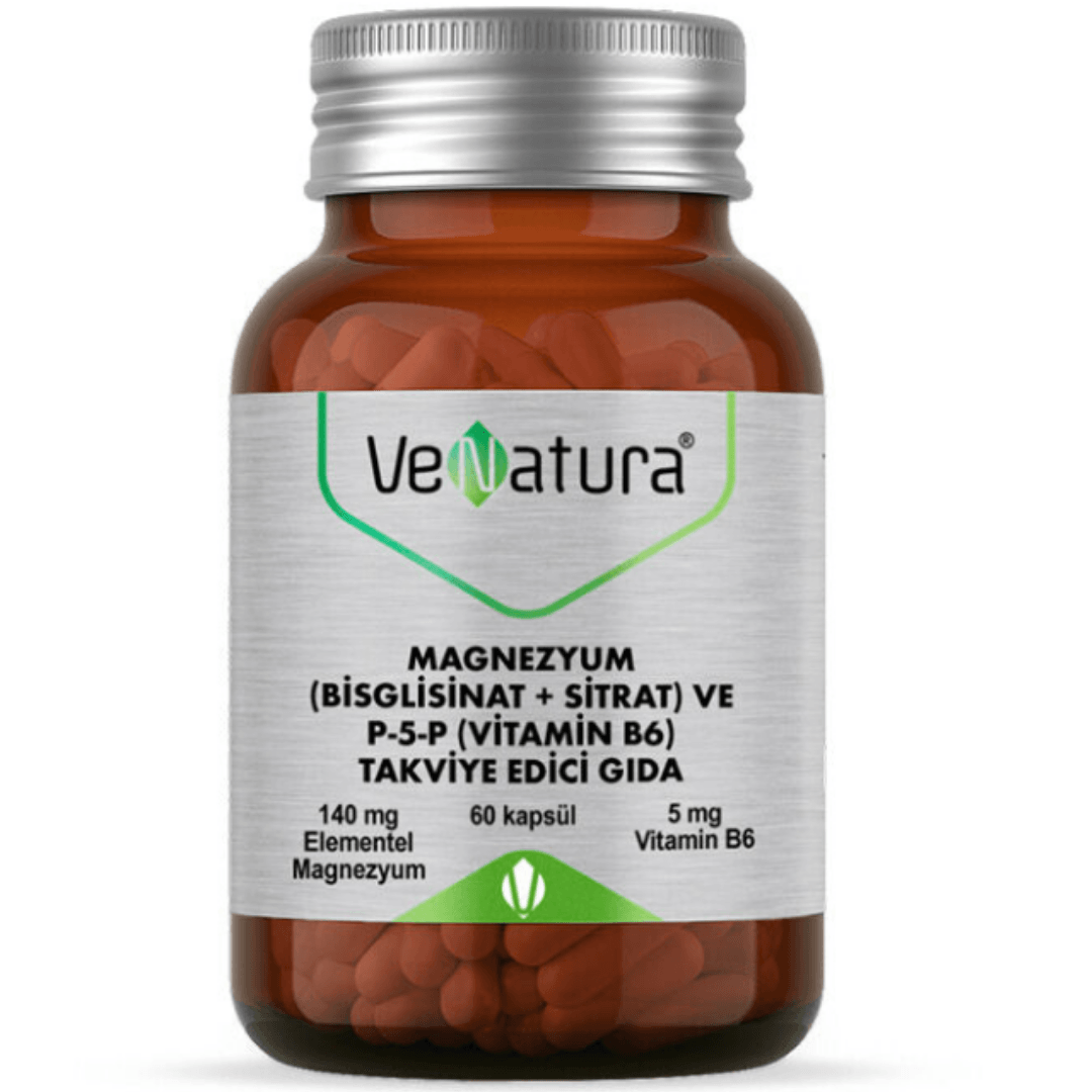 VeNatura Magnezyum (Bisglisinat+Sitrat) ve P5P (Vitamin B6) 60 Kapsül