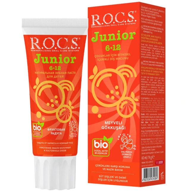 Rocs Junior Çocuklar için Bitkisel İçerikli Diş Macunu 6-12 Yaş Meyveli Gökkuşağı 60ml