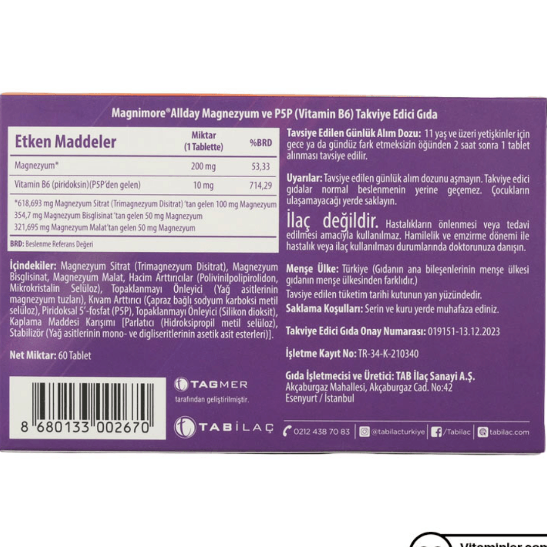 Magnimore All Day Magnezyum ve P5P (Vitamin B6) Takviye Edici Gıda 60 Tablet