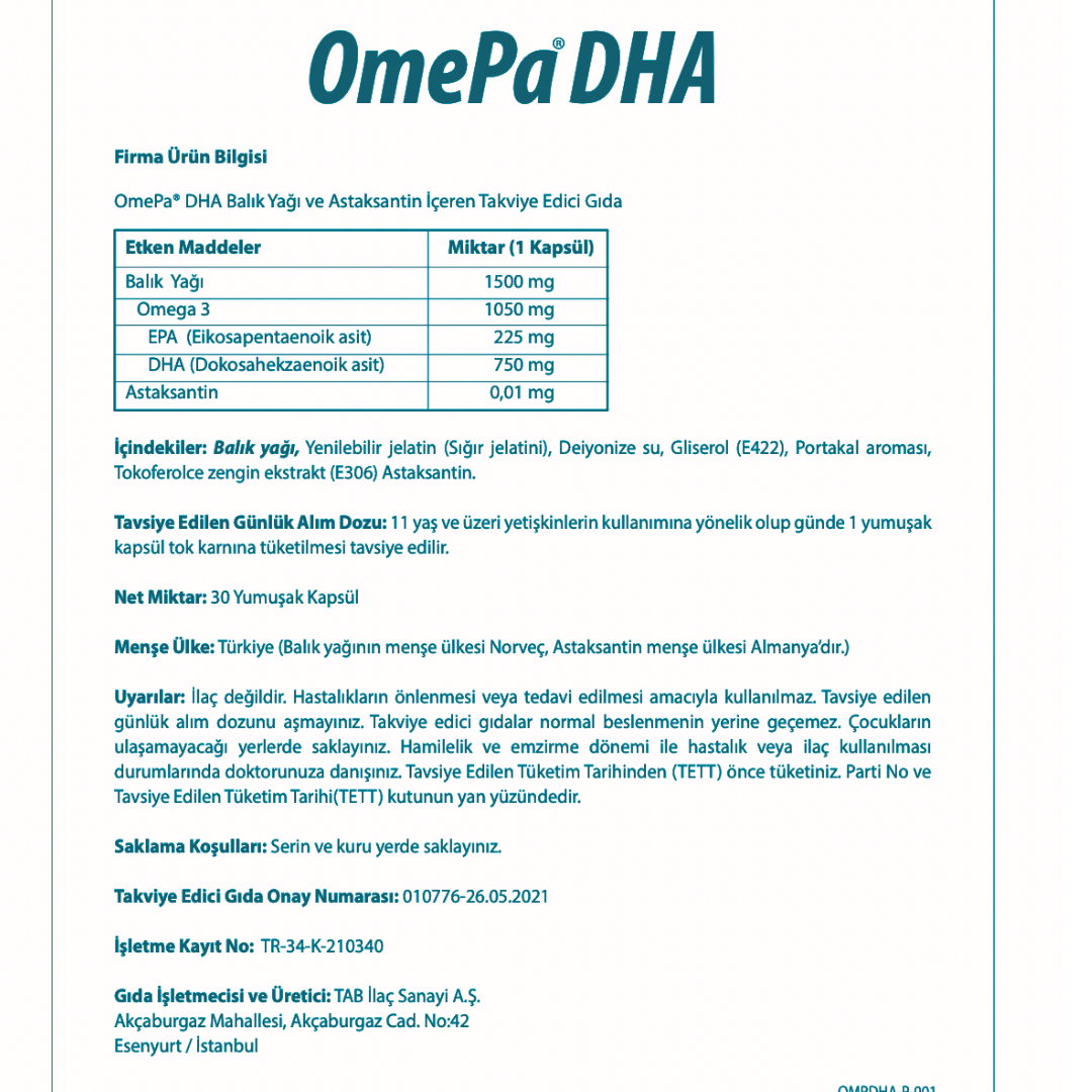 Tab İlaç OmePa DHA Takviye Edici Gıda 30 Kapsül
