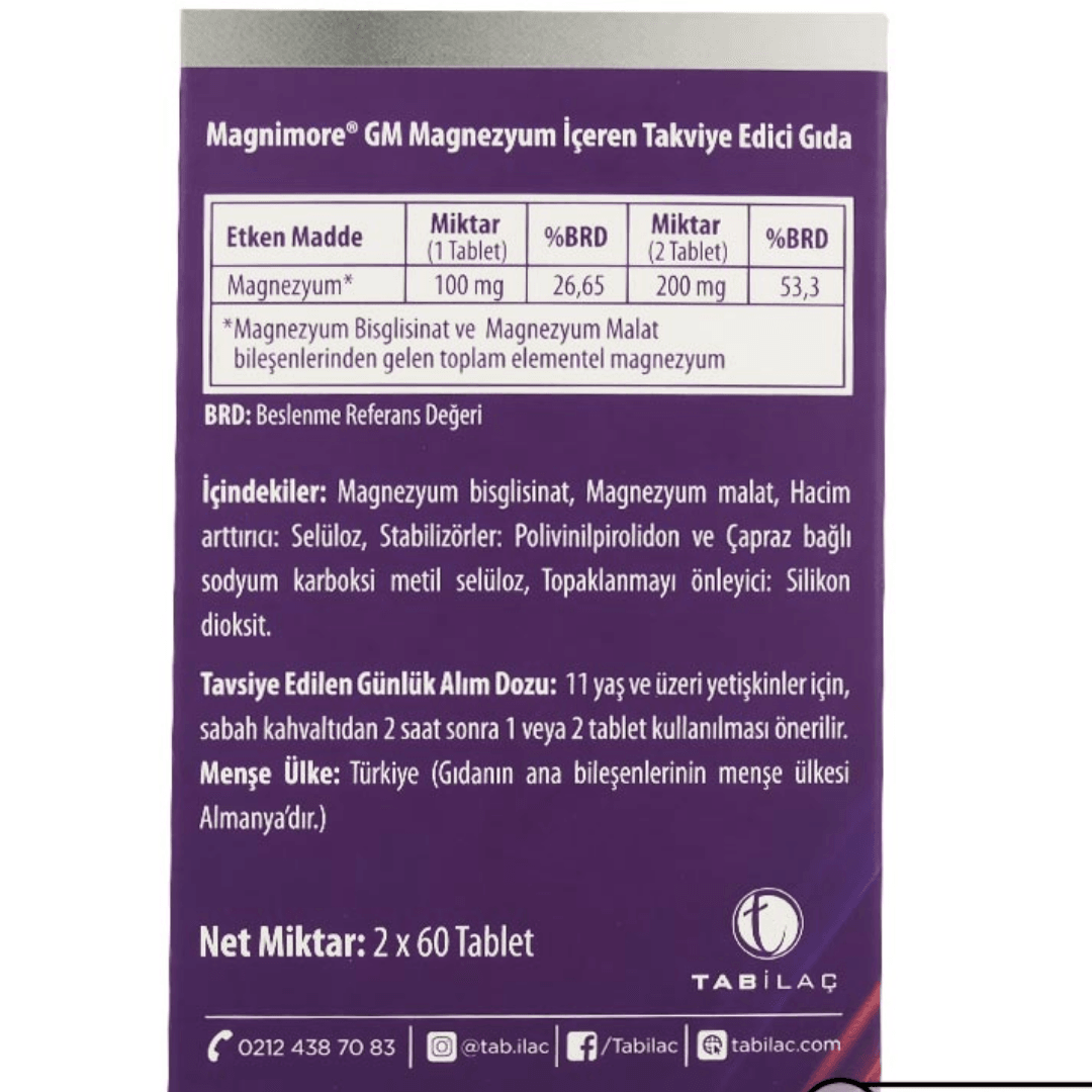 Magnimore GM Magnezyum İçeren Takviye Edici Gıda 60 Tablet