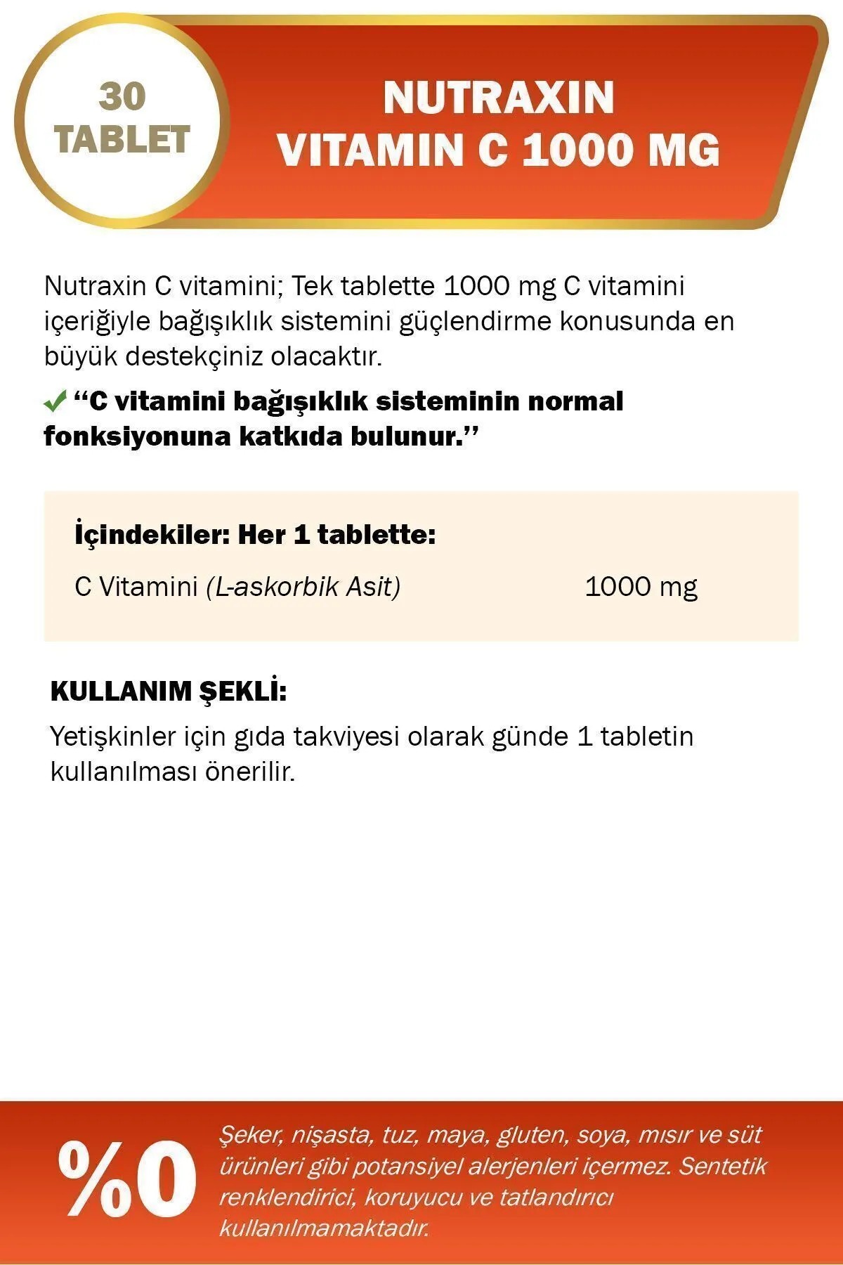 Nutraxin Vitamin C 1000 mg Takviye Edici Gıda 30 Tablet