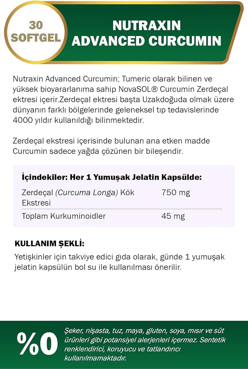 Nutraxin Advanced Curcumin 750 mg Takviye Edici Gıda 30 Yumuşak Kapsül