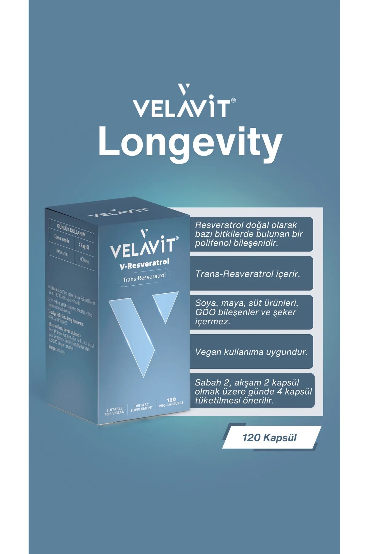 Velavit V-Resveratrol Takviye Edici Gıda 120 Kapsül