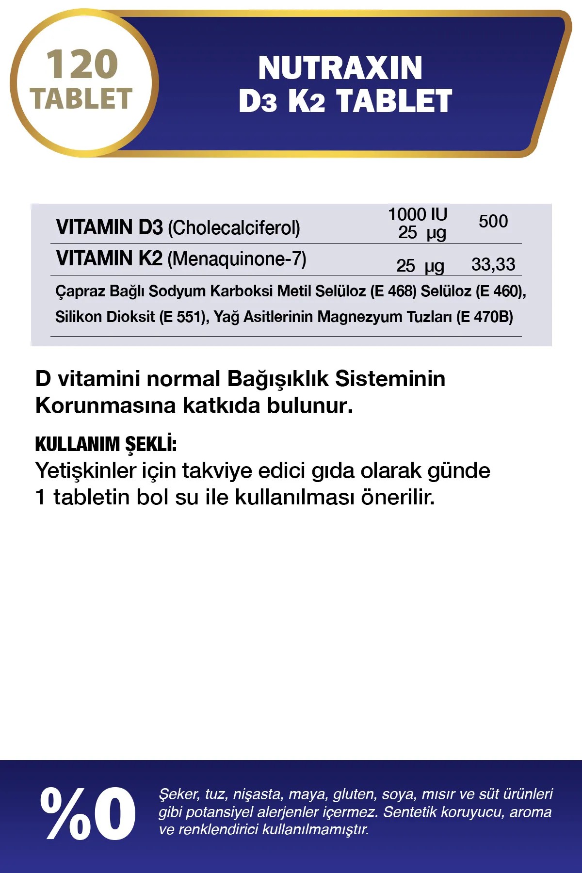 Nutraxin Vitamin D3 K2 Vitamini İçeren Takviye Edici Gıda 120 Tablet