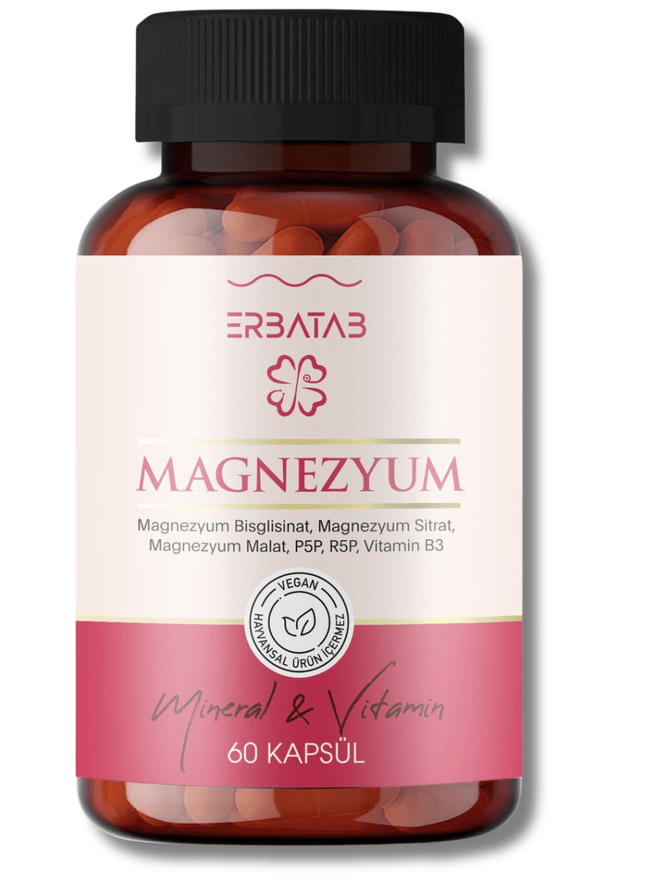 Erbatab Magnezyum 3 Lü Form (BİSGLİSİNAT, SİTRAT, MALAT) & Vitamin B2 , B3 , B6 - 60 Kapsül