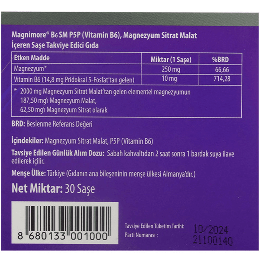 Magnimore B6SM Magnezyum Sitrat Malat Takviye Edici Gıda 30 Saşe