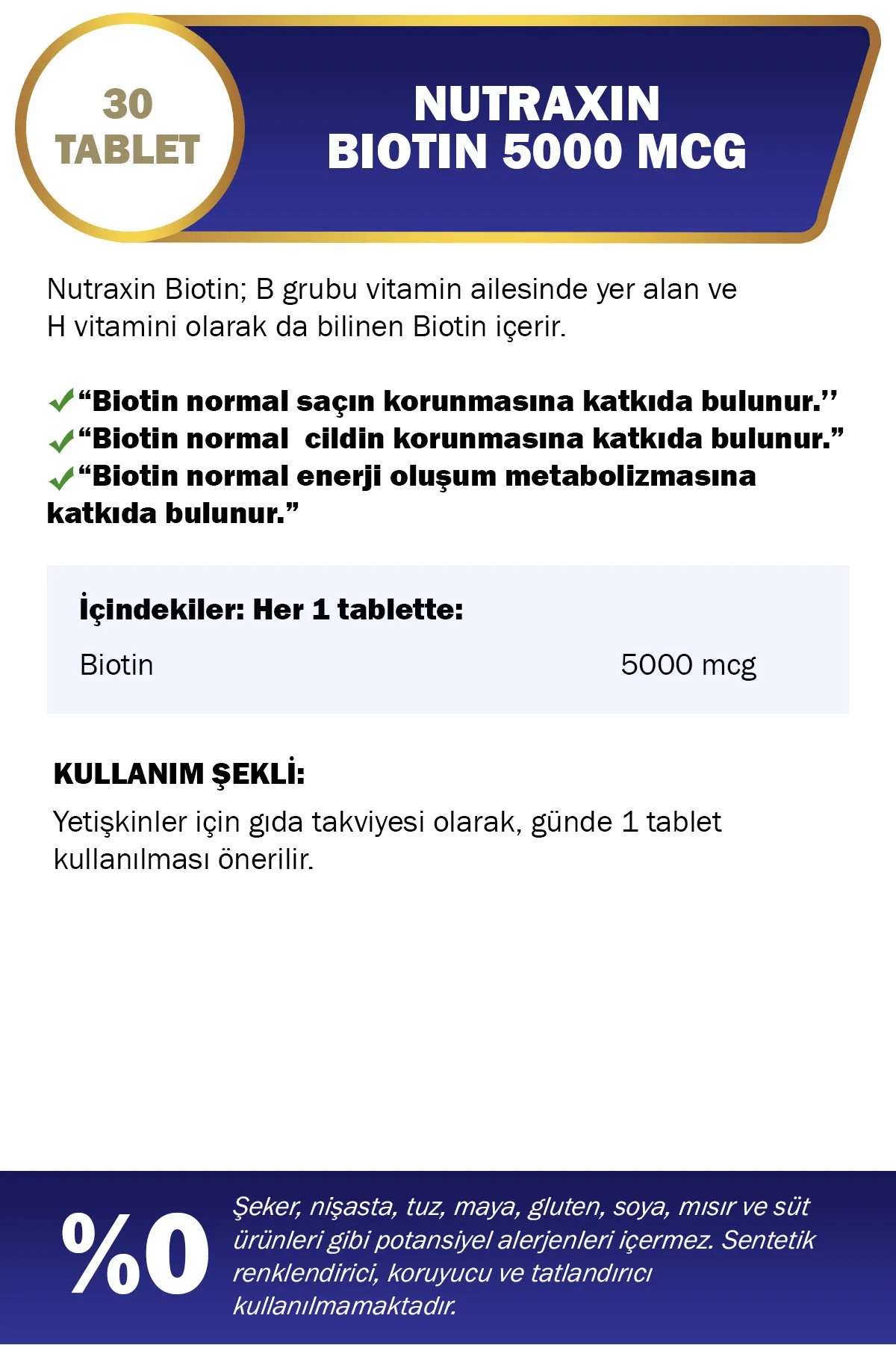 Nutraxin Biotin 5000 mcg Takviye Edici Gıda 30 Tablet