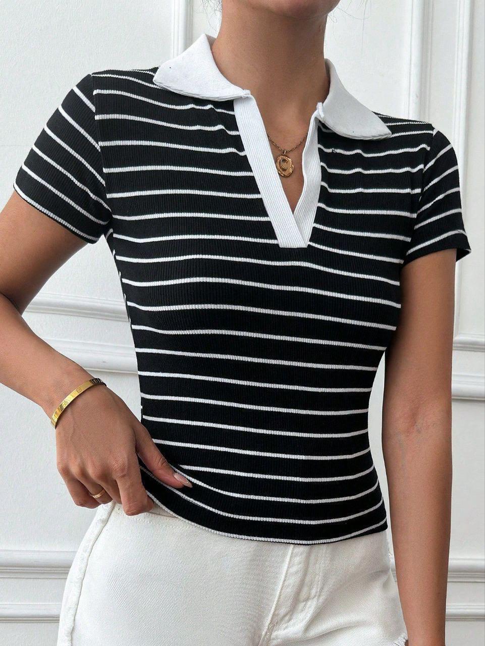 BEYAZ ÇİZGİLİ V YAKALI KAŞKORSE TŞÖRT BLUZ