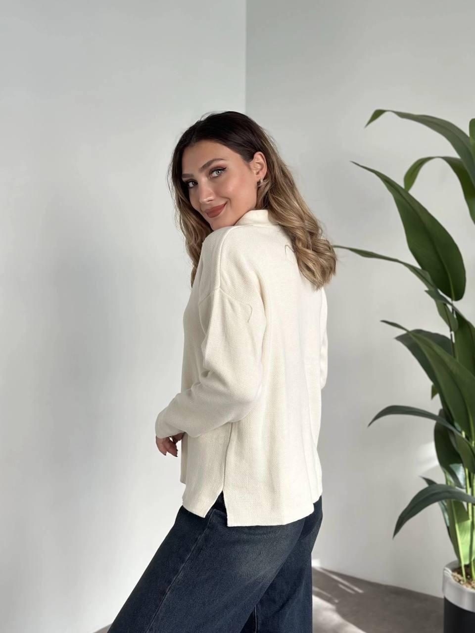 GÖMLEK YAKA CROP KAZAK- KREM
