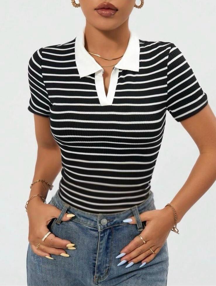 BEYAZ ÇİZGİLİ V YAKALI KAŞKORSE TŞÖRT BLUZ