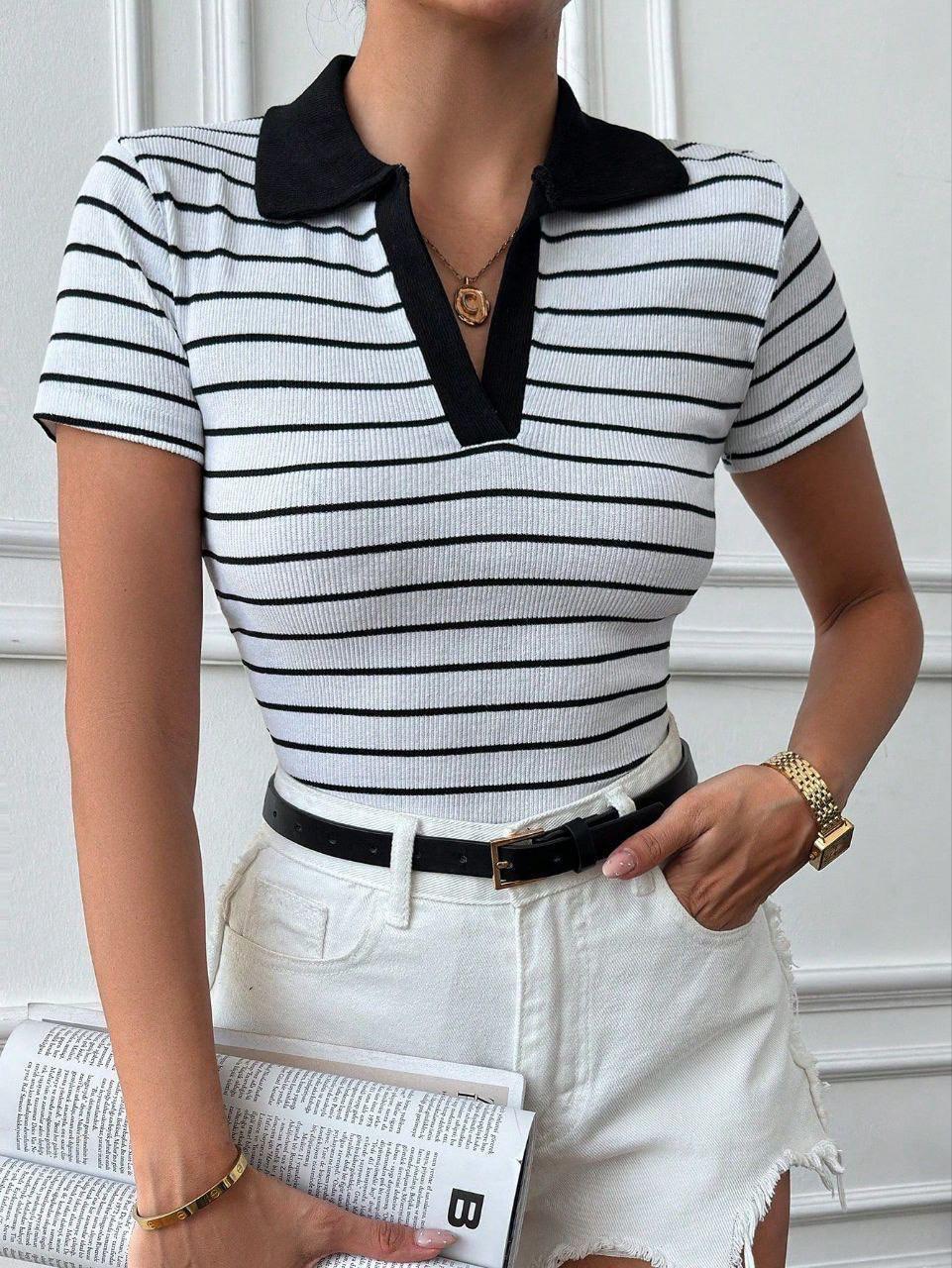 BEYAZ ÇİZGİLİ V YAKALI KAŞKORSE TŞÖRT BLUZ