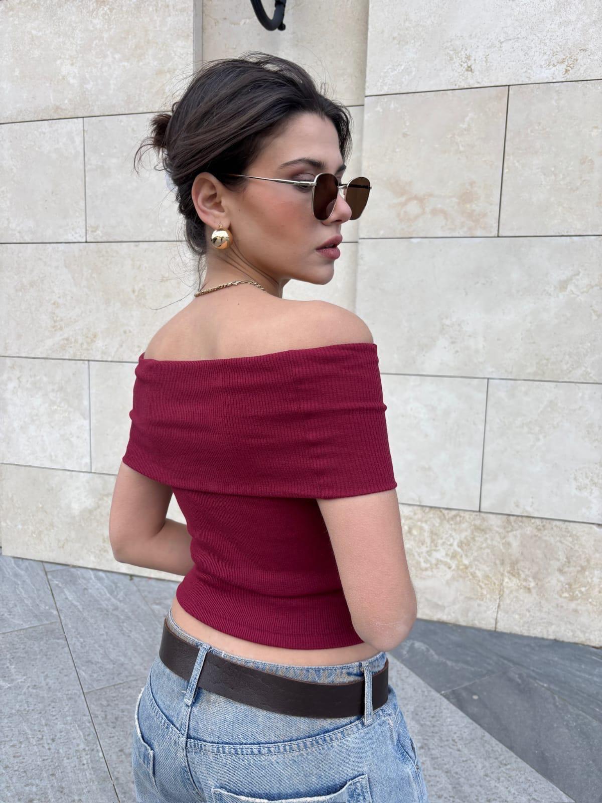 KADIN BORDO LİKRALI RİBANA OF SHOULDER BLUZ
