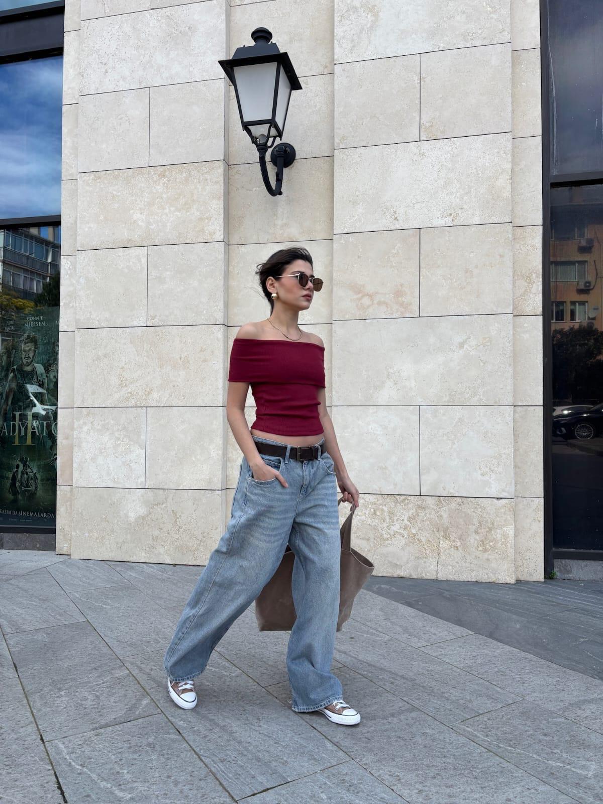 KADIN BORDO LİKRALI RİBANA OF SHOULDER BLUZ