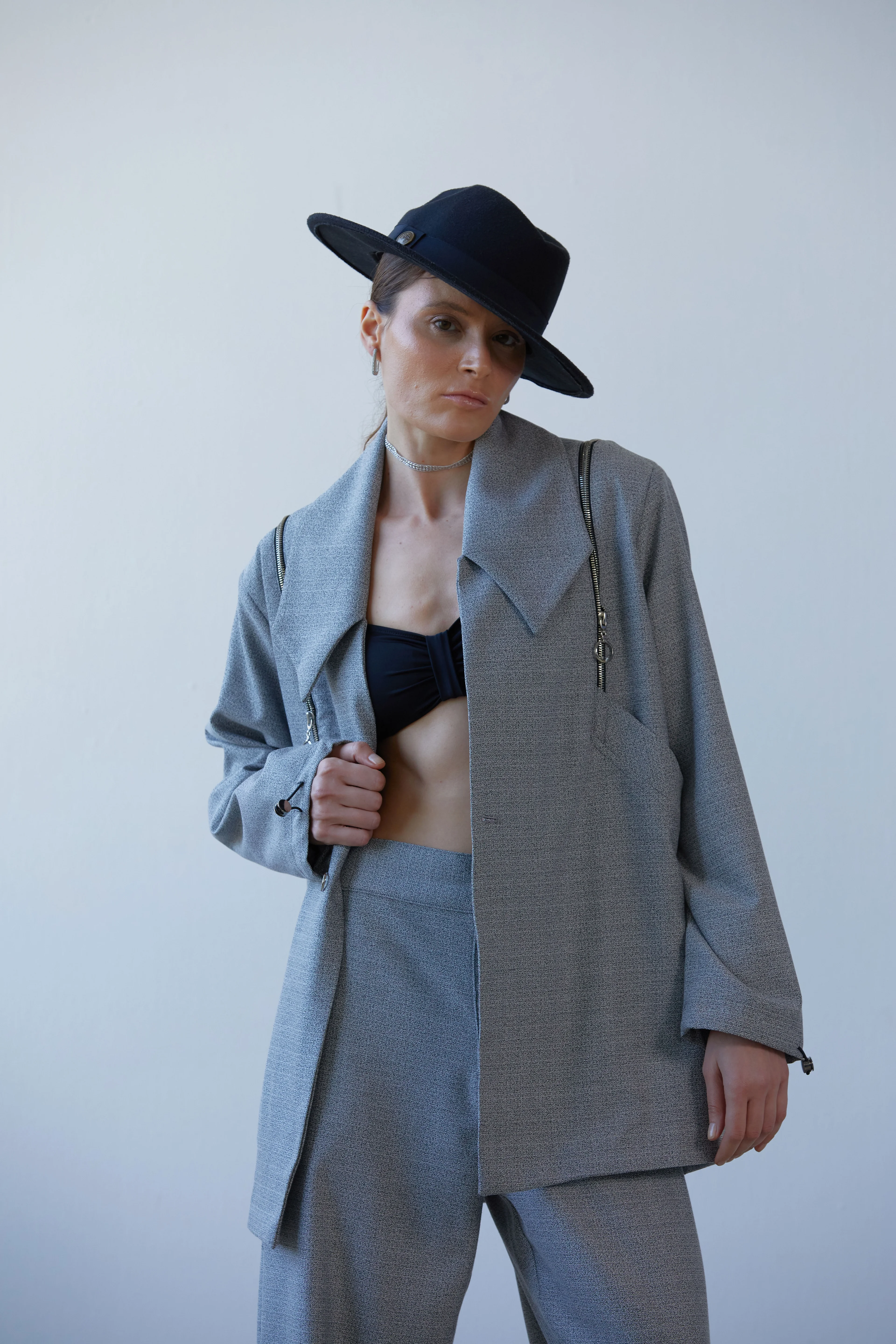 Lofibuy | Fermuar Detaylı Unisex Tie Collar Oversize Takım - Piramit