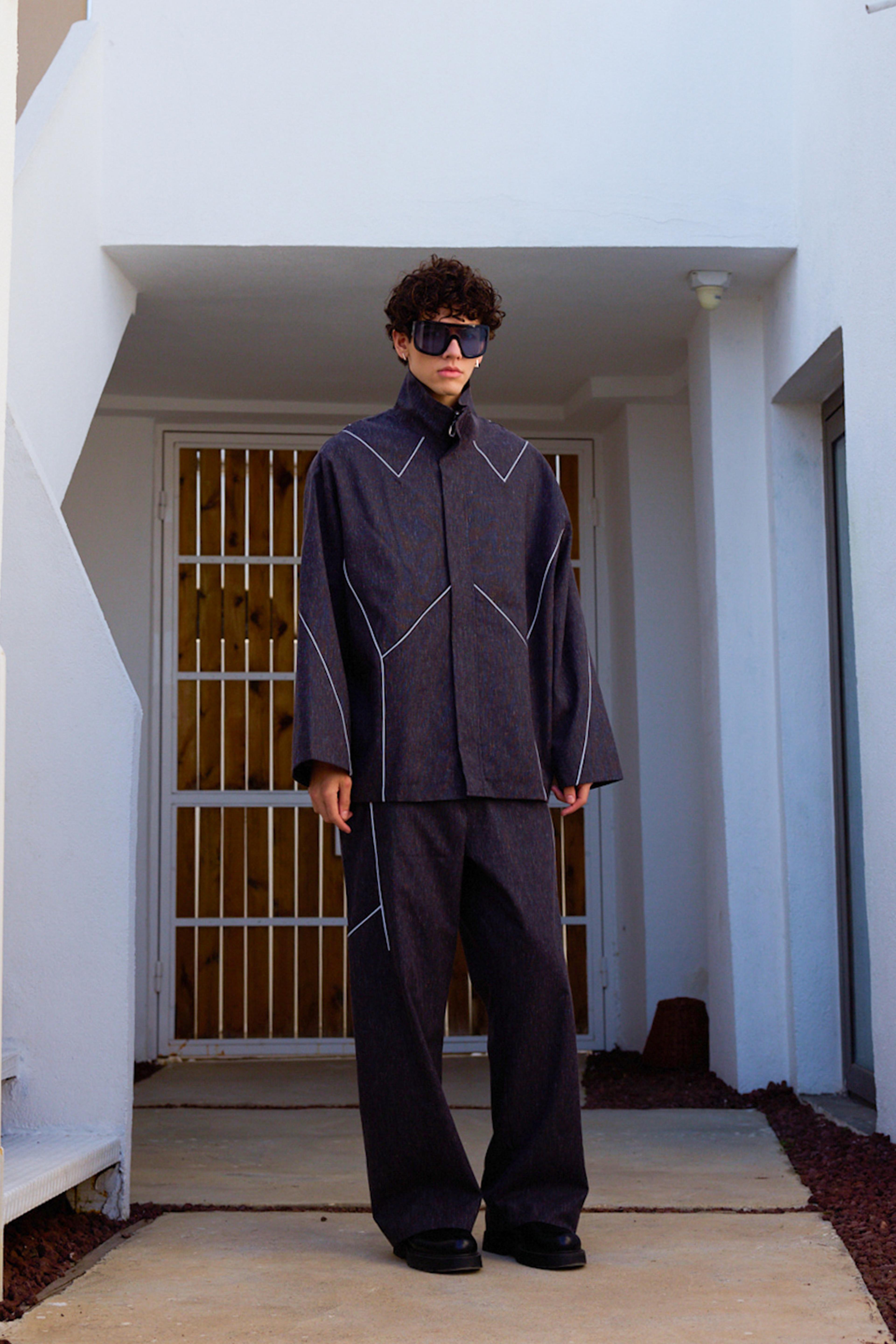 Lofibuy | Unisex Ekoseli Fosfor Şerit Detaylı Oversize Premium Spor Takım - Peri - Koyu Gri