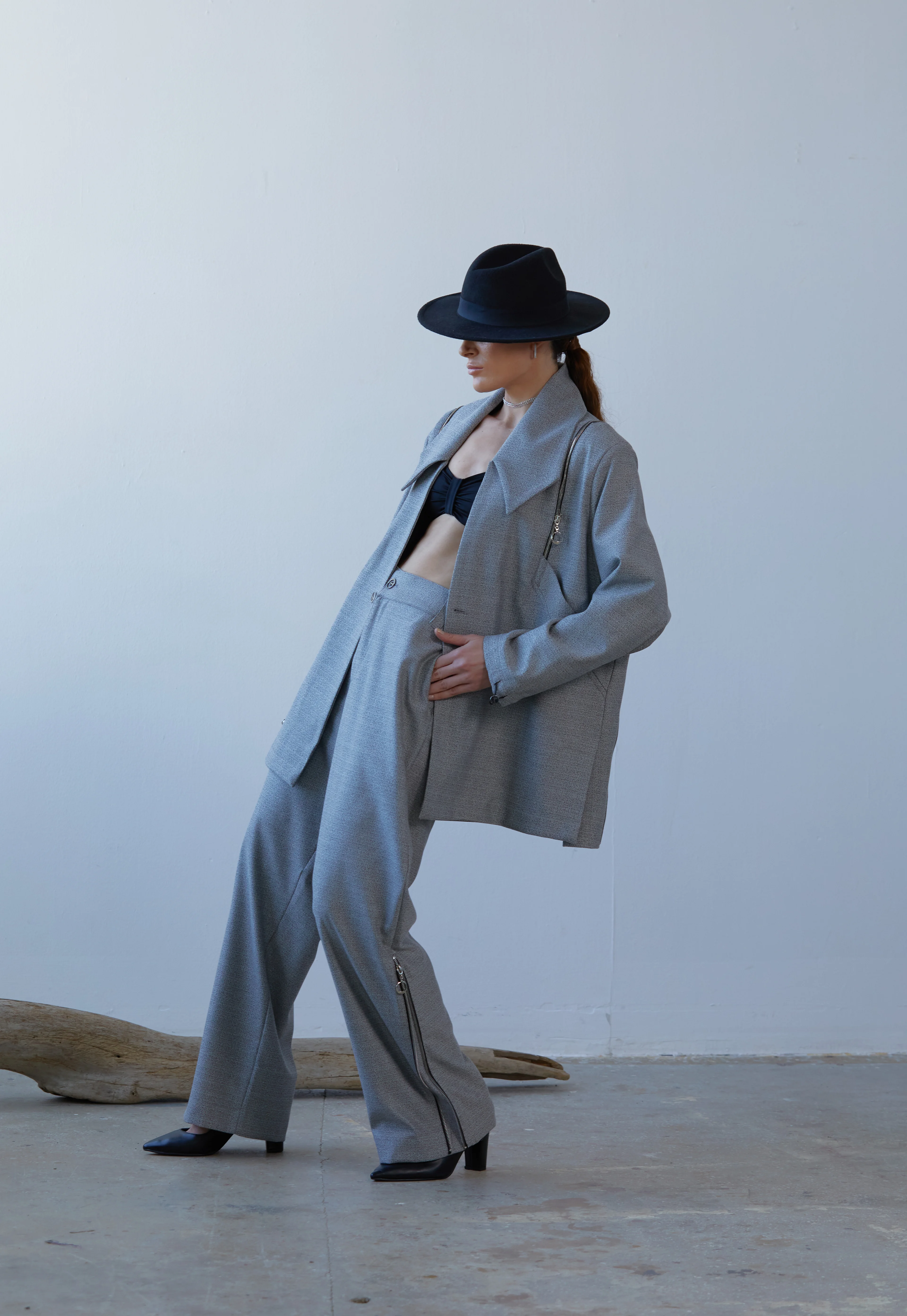 Lofibuy | Fermuar Detaylı Unisex Tie Collar Oversize Takım - Piramit