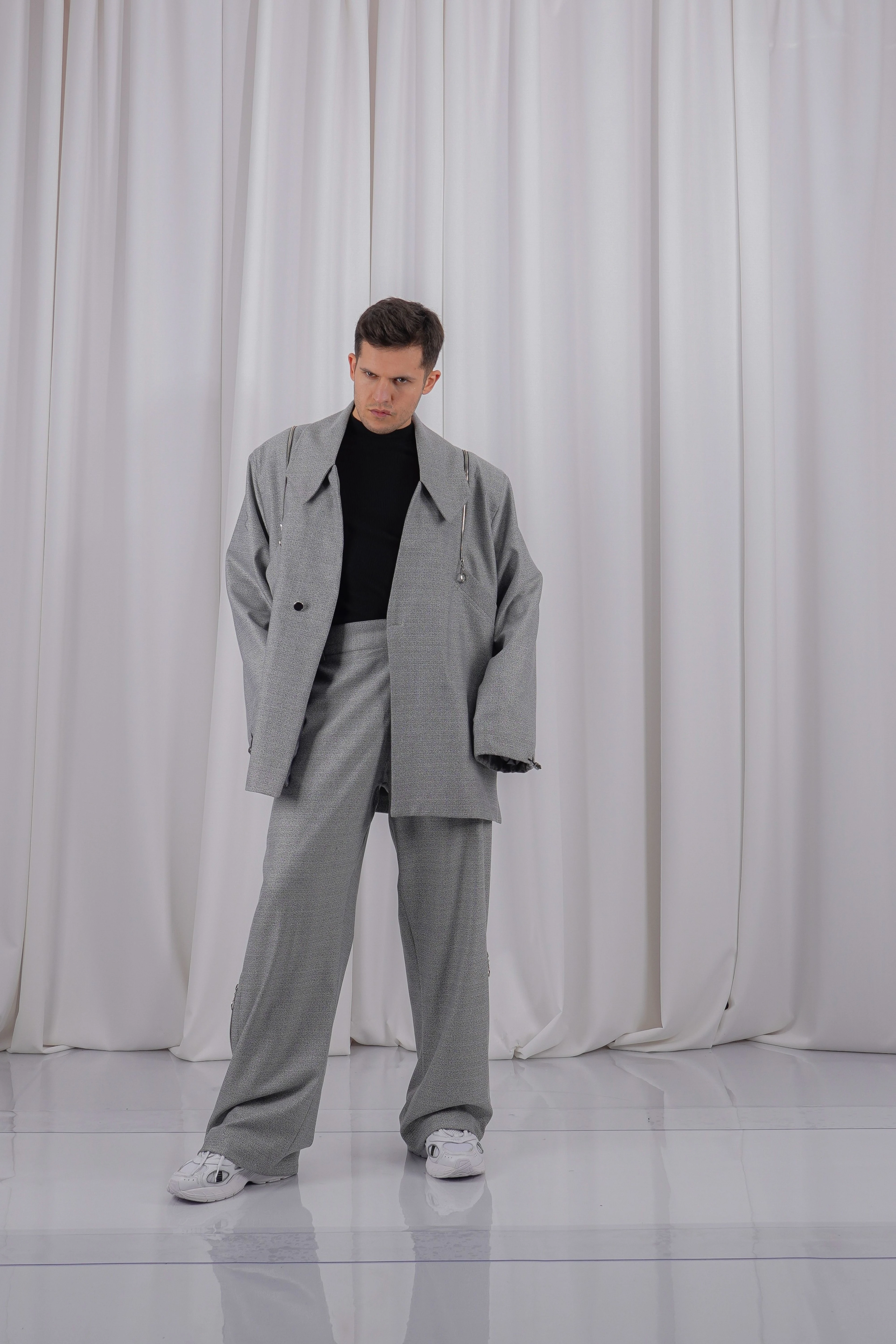 Lofibuy | Fermuar Detaylı Unisex Tie Collar Oversize Takım - Piramit